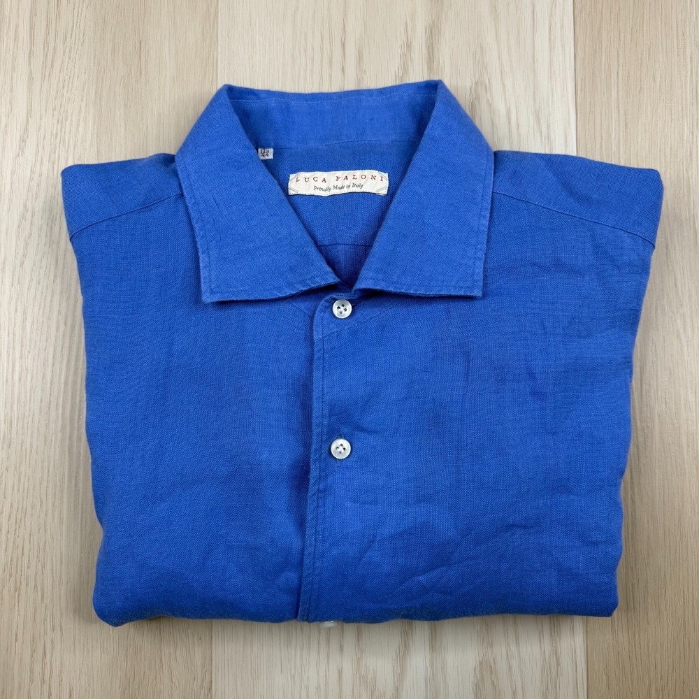 Luca Faloni Men Blue Linen Long Sleeve Luxury Casual Button Front Shirt 17.5/44